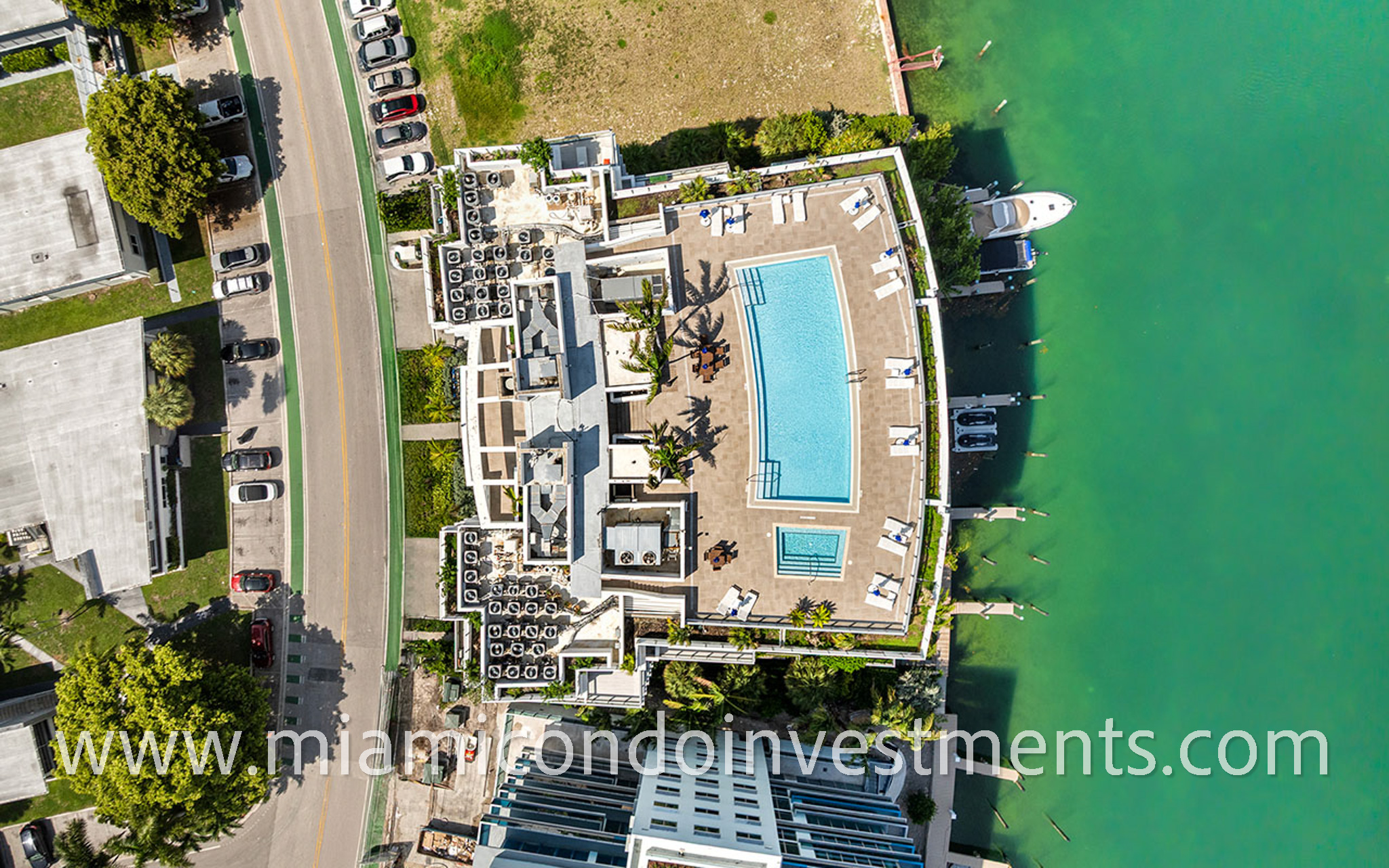 The Ivory condo in Bay Harbor Islands drone shot of rooftop pool and sun deck