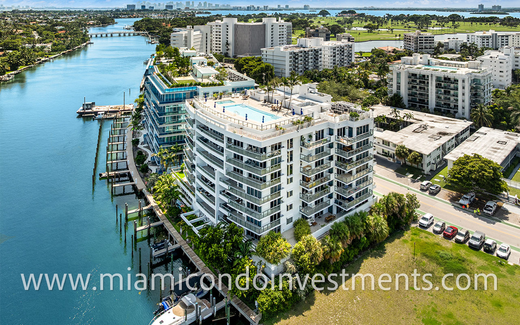 The Ivory condo in Bay Harbor Islands view of building from waterway