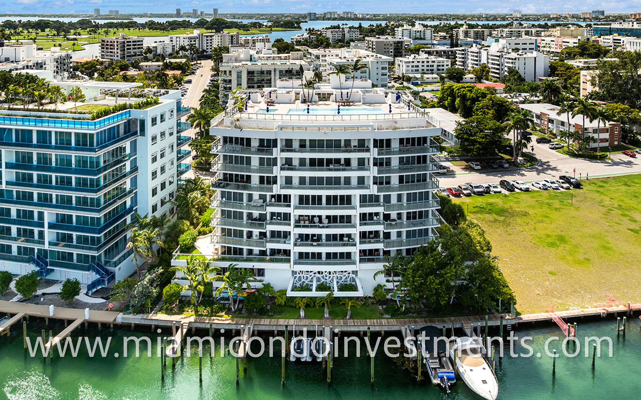 The Ivory condo in Bay Harbor Islands back view of building from waterway