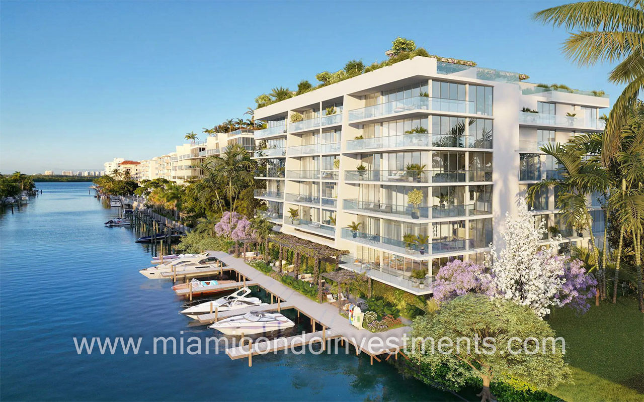9900 West facing side angle of condo building and private marina with boat slips