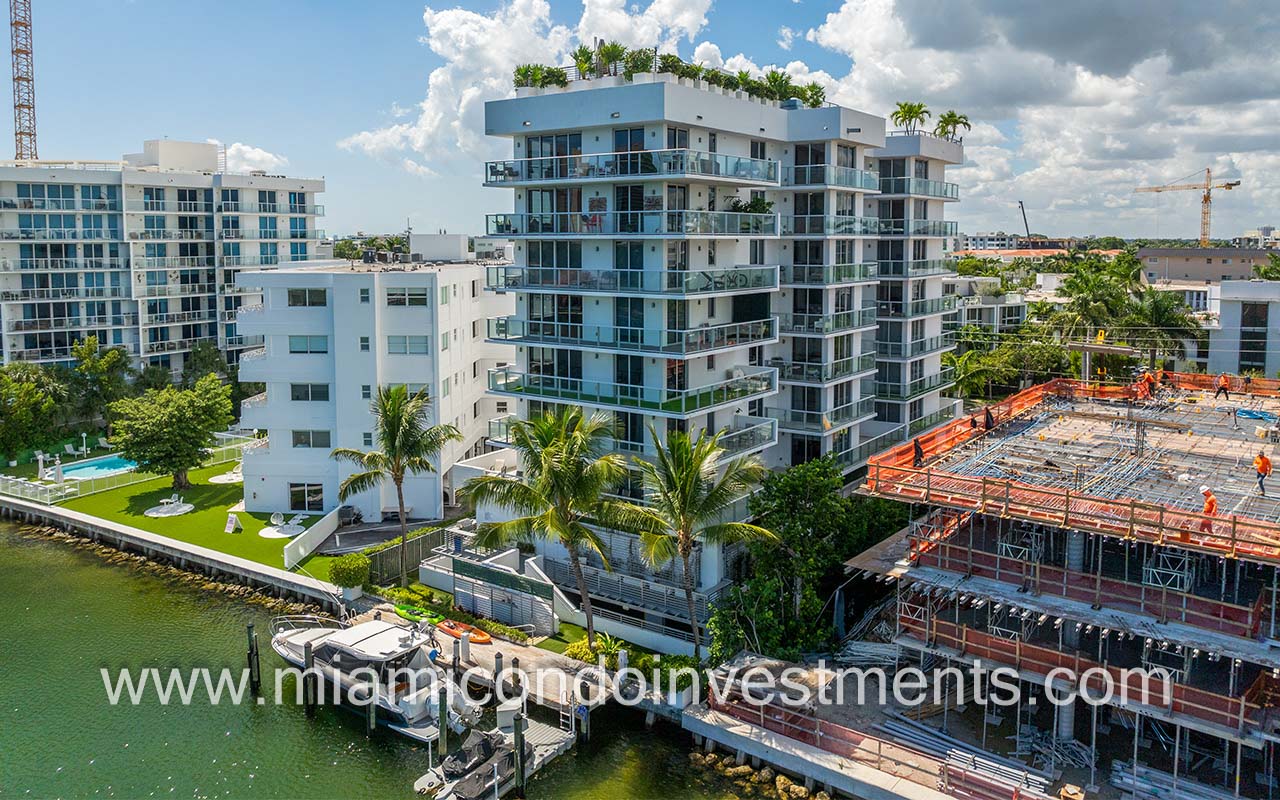 Harbour Park condo drone of facing back side of building from waterway closeup
