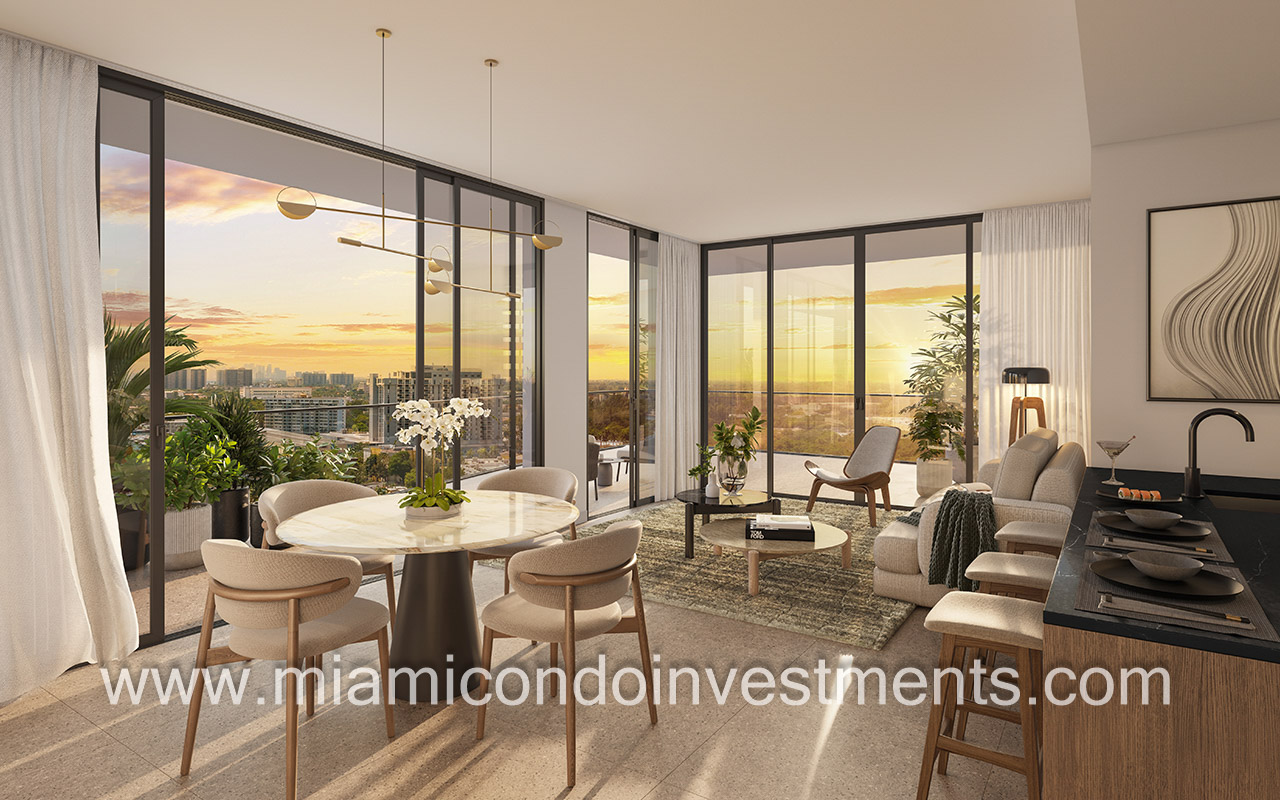 Nexo Residences condominium living area with floor to ceiling window views