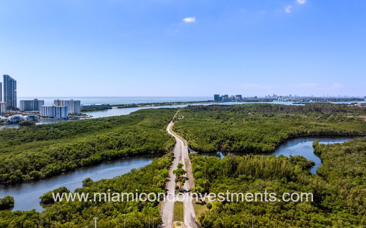 North Miami Beach drone view overlooking road and Oleta State Park