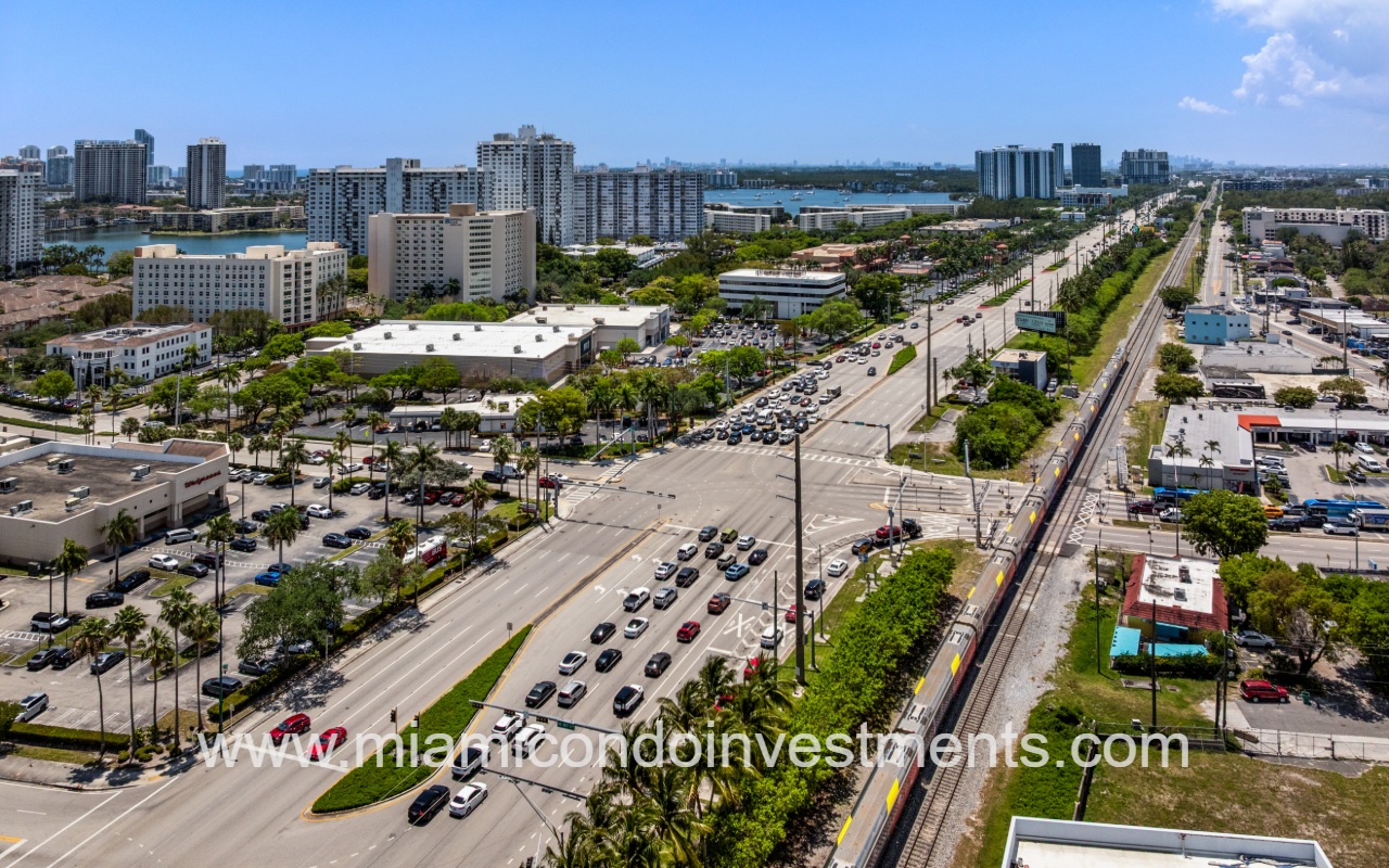 North Miami Beach drone view of neighborhood and Brightline train