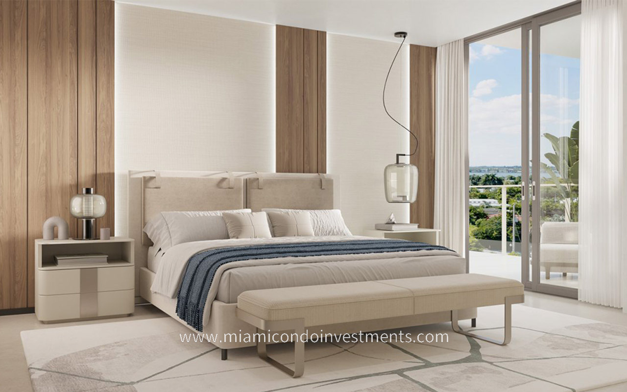 Origin Residences closeup primary bed and balcony glass sliding door