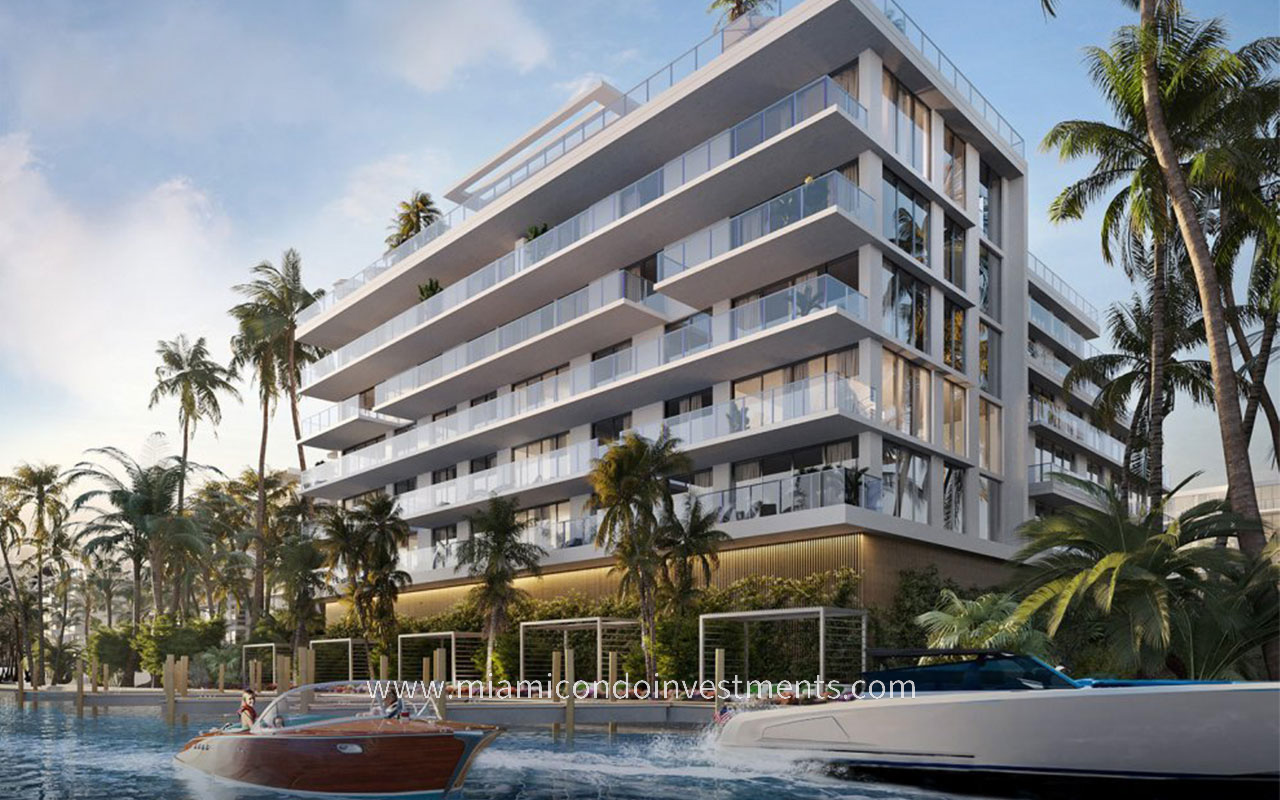 Origin Residences facing side angle of building and waterway with boat and yacht