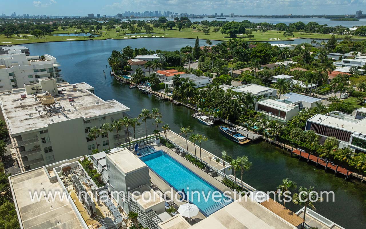 The Altair condo-hotel drone of pool and water view