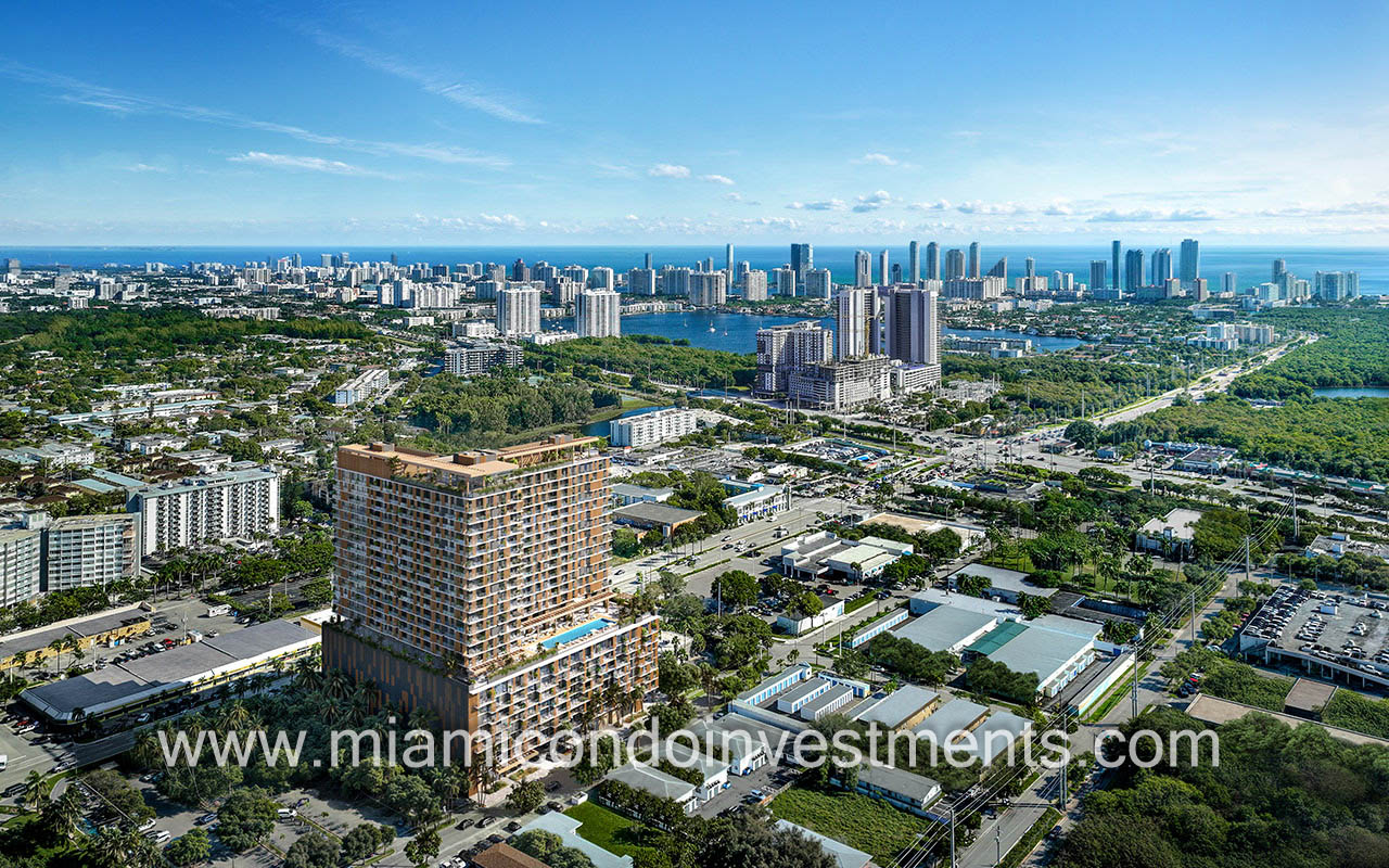 The William drone view of condo building and area