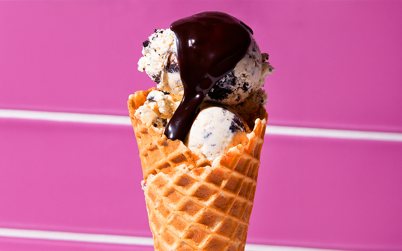 Van Leeuwen waffle cone ice cream with hot fudge