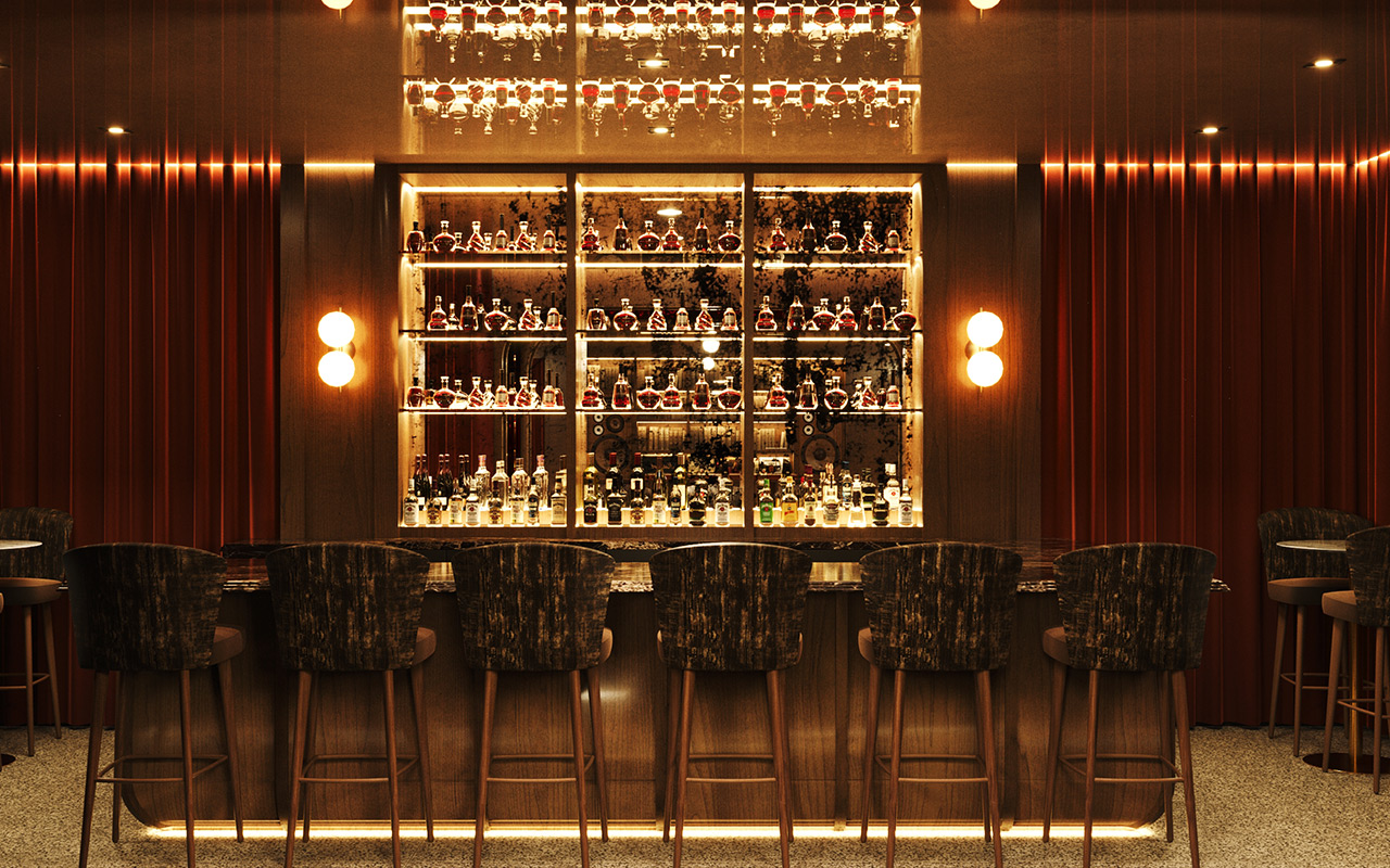 400 Vinyl Room bar with cocktail setup and ambient lighting