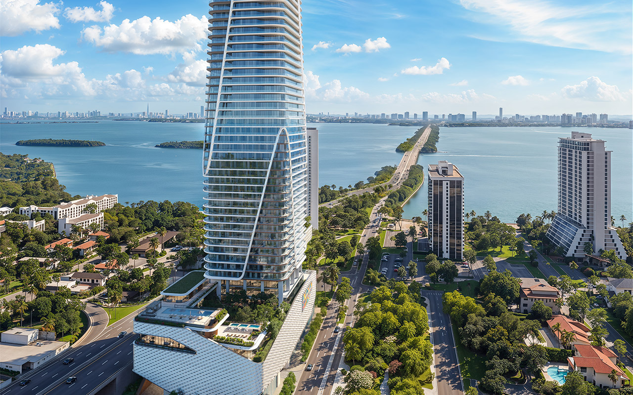Aerial rendering of Anantara Resort & Residences Miami overlooking Biscayne Bay