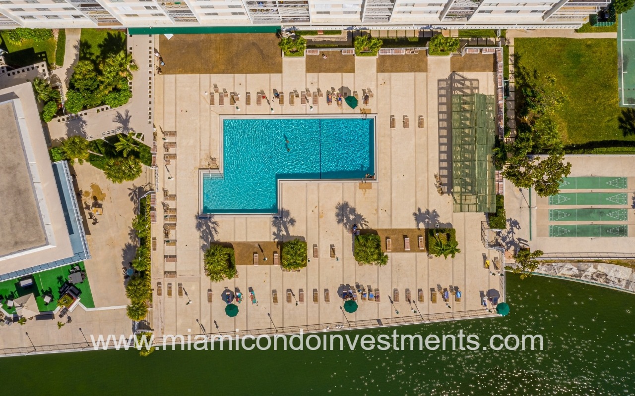 Arlen House Condo drone top downward view of pool and sundeck