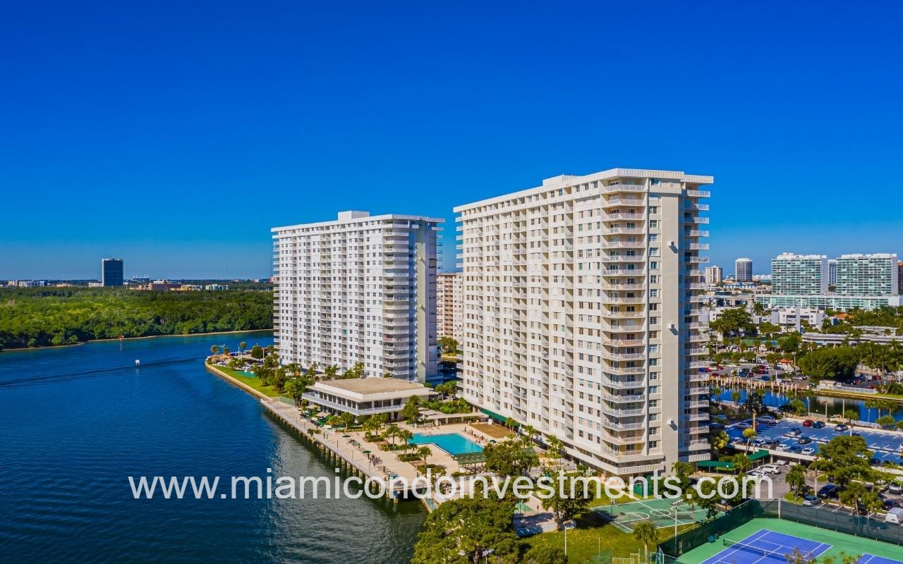 Arlen House West drone of building on waterfront from far slight angle