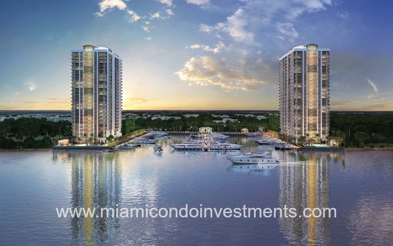 Marina Palms South building and marina at sunset