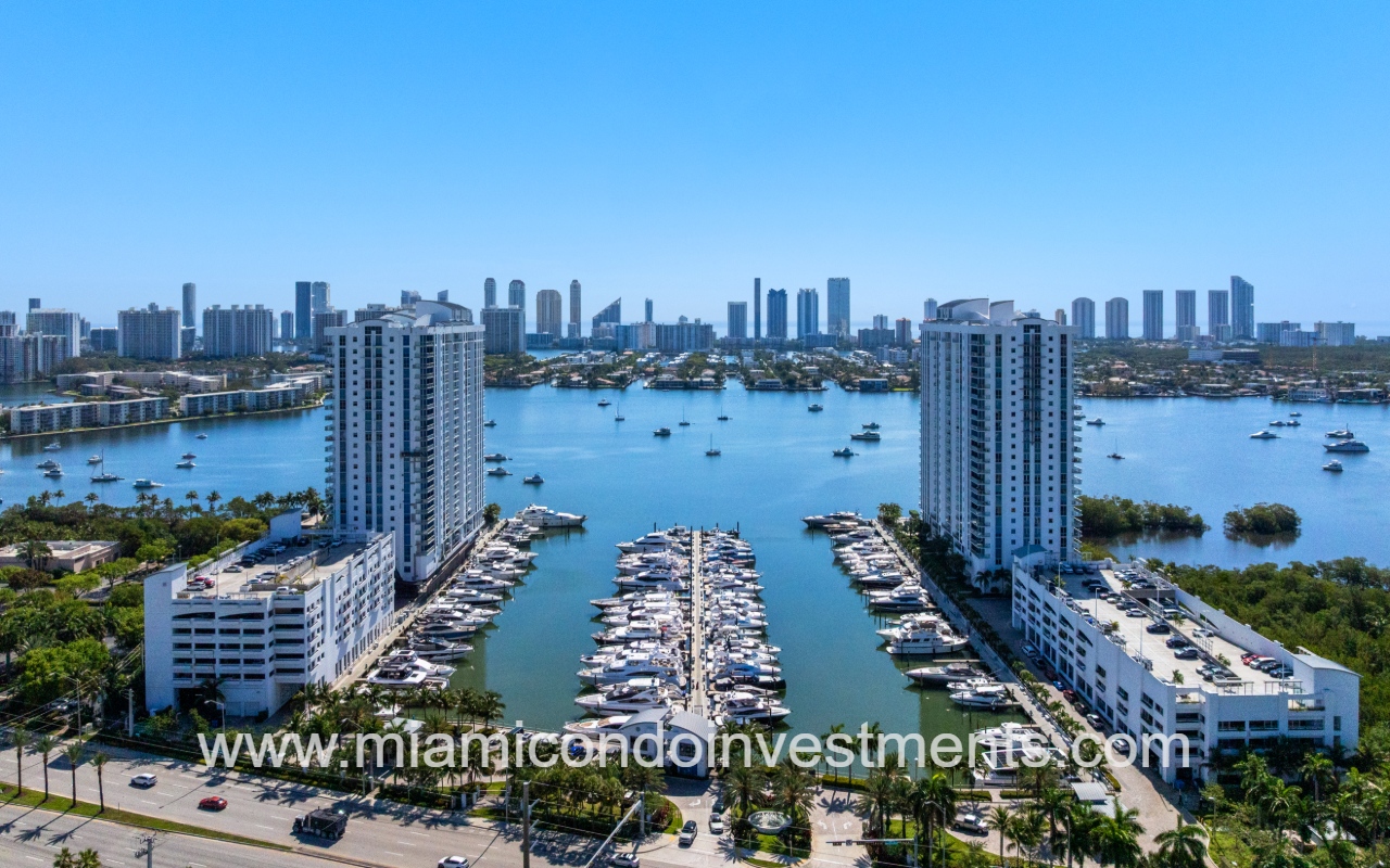 Marina Palms North drone overlooking the condo buildings on marina