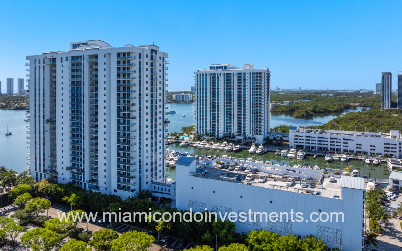 Marina Palms North drone angle view of the condo buildings on marina