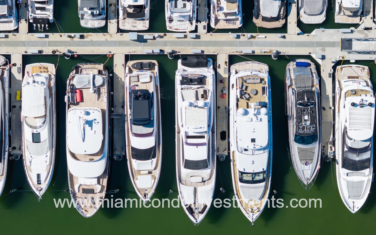 Marina Palms North drone aerial view closeup of yachts in marina