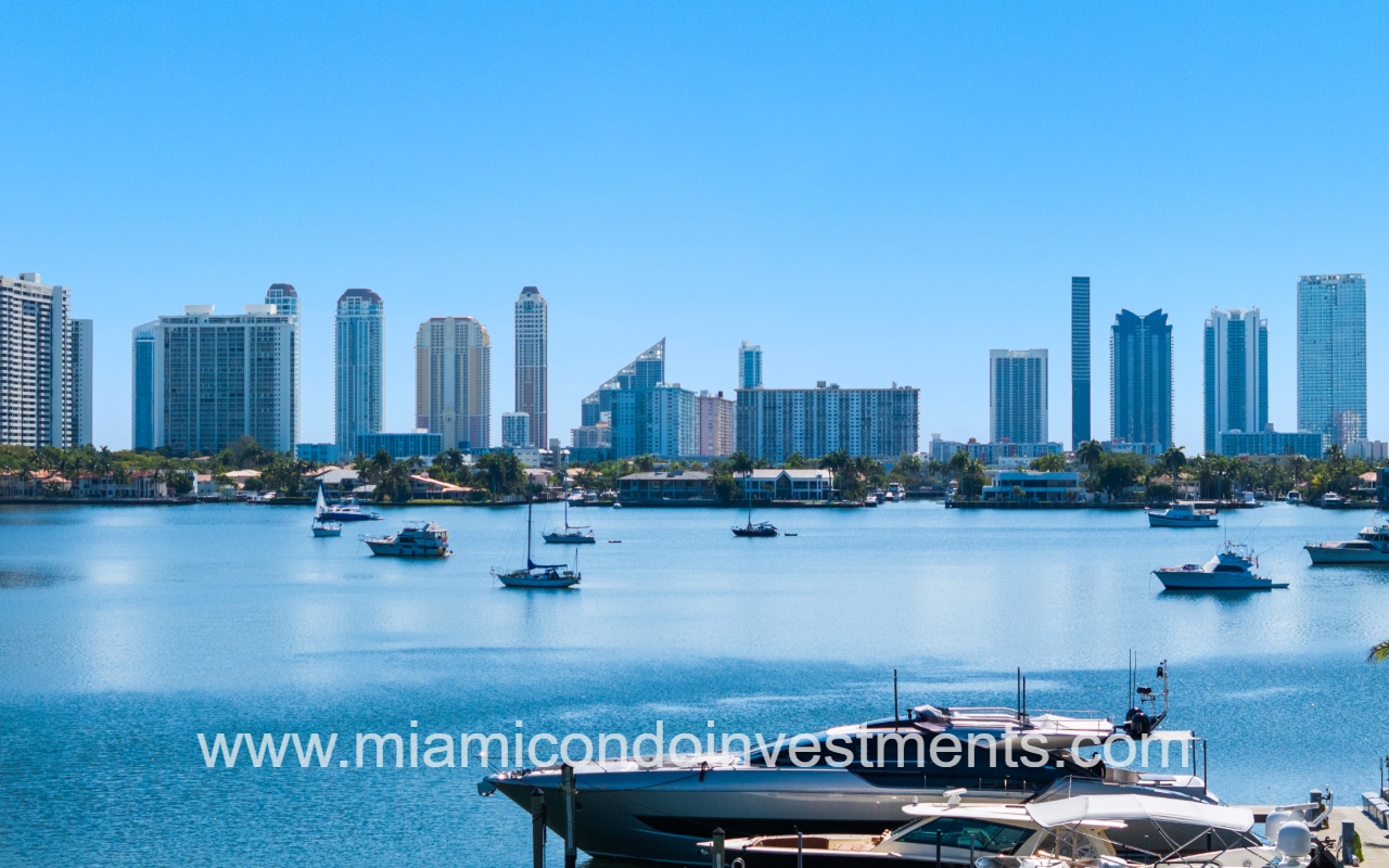 Marina Palms South drone view of lake with boats and buildings skyline