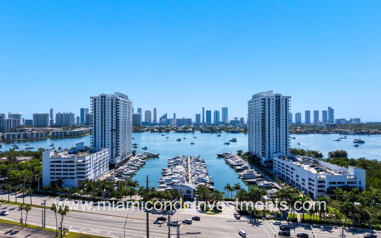 Marina Palms South drone view overlooking street and condo buildings on marina