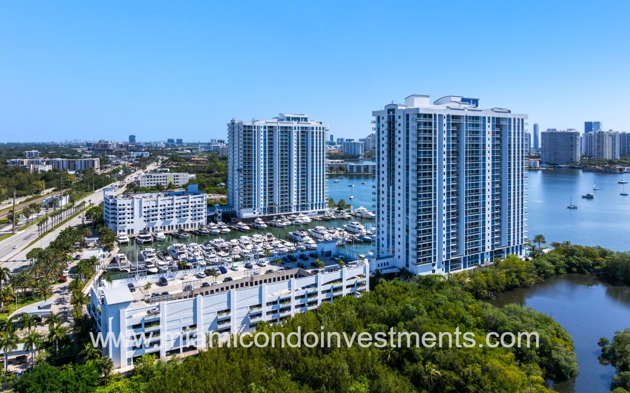 Marina Palms South drone northward facing angle view overlooking the condo building and garage