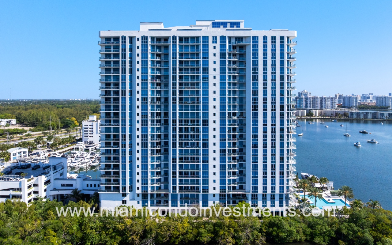 Marina Palms South drone view facing the condo building exterior