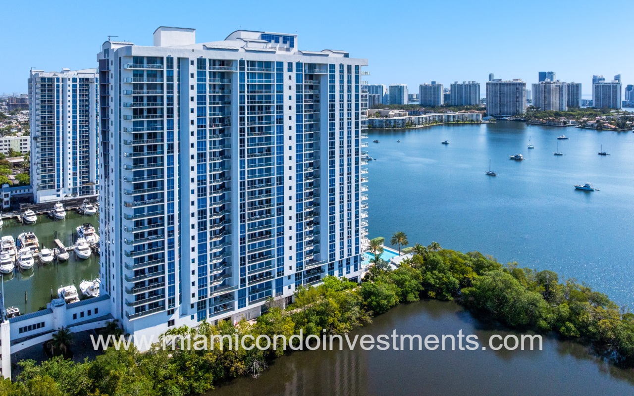 Marina Palms South drone view angle overlooking condo building exterior closeup