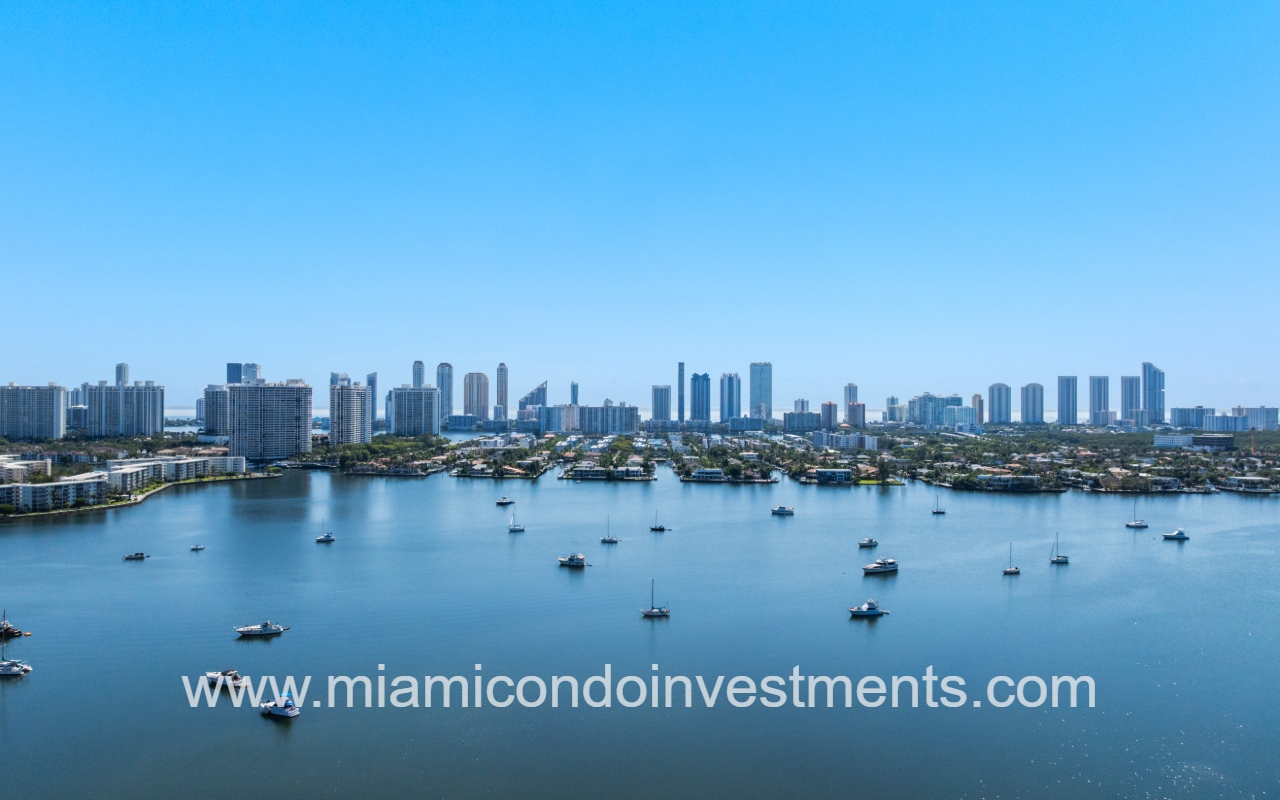 Marina Palms South drone view of lake with boats and building skyline